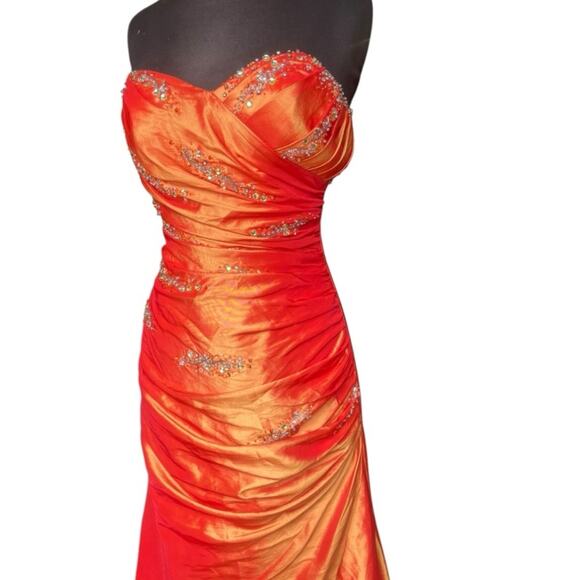 Y2K Orange Iridescent Beaded Fairy Glam Strapless Maxi Dress S Neon Prom Femme - Picture 3 of 9